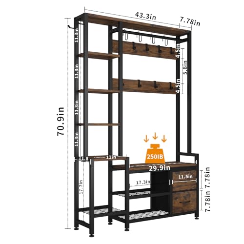 Hall-Tree-for-Entryway-43-Bench-with-Shoe-Storage-Large-Coat-Rack-Shoe-Bench-with-5-Tier-Shelves-5-in-1-Design-Front-Door-Shoe-Rack-and-Wall-Rack-Hooks-and-2-Drawers-Rustic-Brown