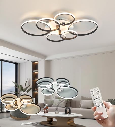 JINGKER Moderno y creativo aplique de techo redondo de 6 cabezales Apliques de techo regulables con mando a distancia, 3000K-6000K, para salón, dormitorio, comedor y cocina (Negro, L80cm)
