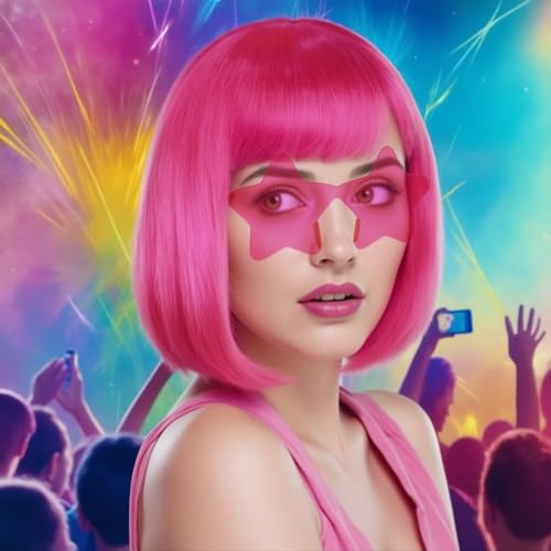 Image of ANOGOL Hot Pink Bob Wig with Bangs Pink Wigs for Women Colored Wigs Party | Hair Cap+Sunglasses Short Neon Wig for Bachelorette Party Funny Outfit for Women Halloween Costume Night Club Crazy Hair Day