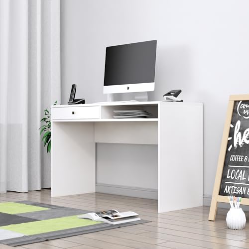 Image of Bniture Wooden Study Table for Home | Engineered Wood Study Table with Storage Shelf & Drawer | Multi Purpose Computer Desk for Writing & Study | Laptop Table for Study Room & Office | Frosty White