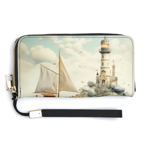 Nautical Lighthouse Leather Wallet Fashion Bifold Purse Long Pouch with Wrist Strap for Men Women