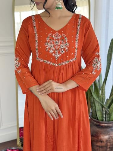 Image of Naixa Women's Silk Chiffon Embroidered A-Line Kurta with Rayon Pant and Silk Chiffon Laced Dupatta Sets (Available in Plus Size) (NX-661)