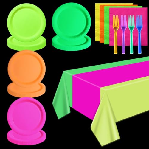 APUXXJUPA Glow Party Supplies Plates Set for 20 Guests Including Multi-color Tablecloth Forks Napkins and Plates for Glow Birthday Decorations Neon Party Decorations