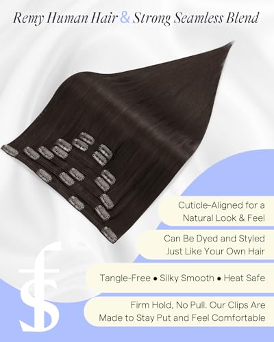 Image of Full Shine Dark Brown Thick Clip in Hair Extensions, 16 Inch 135g 7Pcs | Remy Human Hair Triple Weft Clip Ins for Natural Volume, Lightweight Comfort, Everyday Wear, Fine to Medium Hair