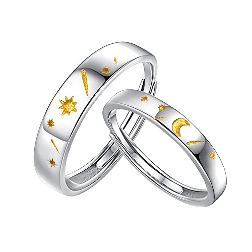 MIKAMU Star Moon Couple Rings 925 Sterling Silver Adjustable Open Rings Engagement Pair Rings Rings for Men Rings for Women Wedding Promise Engagement Anniversary Ring