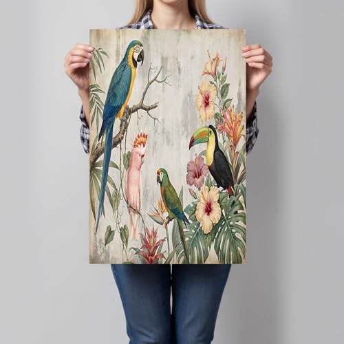 Art mural sur toile plantes tropicales retro toucans salon maison 80x120