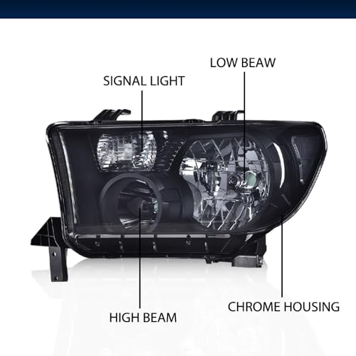 Image of GRAND ORANGE Headlights Assembly Compatible with Toyota Tundra 2007-2013, Fit Toyota Sequoia 2008-2017 Left & Right Headlamps, Smoky Lens Black Houing Clear Reflector, 811100C051