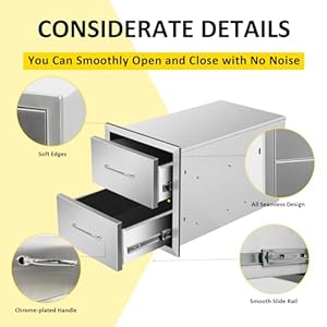 Outdoor Kitchen Drawers 14" W x 15" H x 23" D Flush Mount Double BBQ Drawers with Chrome Handle Stainless Steel Drawer for Outdoor Kitchen Island, Patio Grill Station Outdoor Kitchen Drawers 14 W x 15 H x 23 D Flush Mount Double BBQ Drawers with Chrome Handle Stainless Steel Drawer for Outdoor Kitchen Island Patio Grill Station