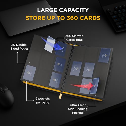 Image of Card Guardian - 9 Pocket Premium Black Binder with Zipper for 360 Cards - Side Loading Pockets for Trading Card Games TCG (Yellow)