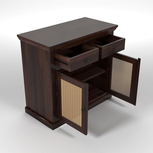 Image of Solid Sheesham Wood Sideboard Cabinet with Cane Woven Doors 2 Rack and 2 Drawers | Wooden Storage Cabinet for Living Room & Dining Room (Walnut Finish)