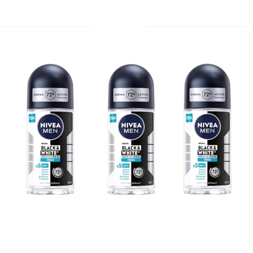 NIVEA Men Black & White Invisible Fresh Anti-Perspirant Roll-On Deodorant 72H Protection, No White Marks or Yellow Stains, Alcohol-Free, Clean Fresh Scent, Gentle on Skin, 50ml Roll-On, Pack of 3