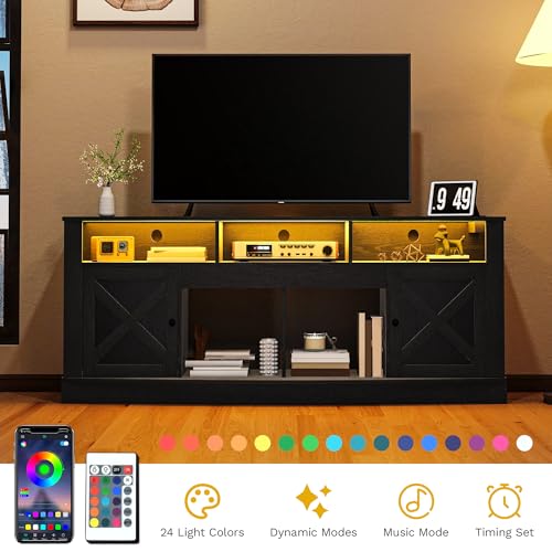 DWVO TV Stand for 75/80 Inch TV, Entertainment Center, LED Light Media Console, TV Cabinet with Barn Doors and Power Outlet for Living Room, Black