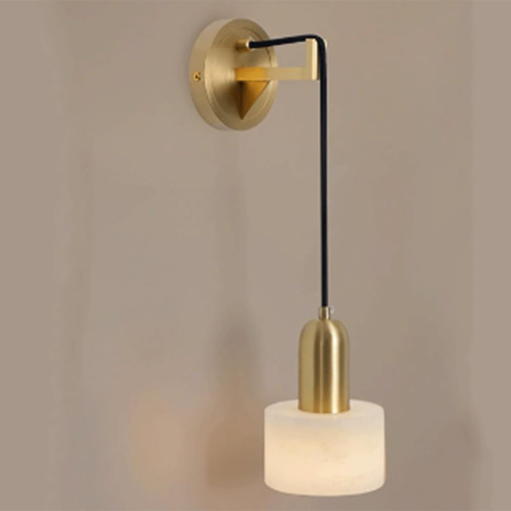 SHUANGZ Cylinder-Shaped Marble Wall Lamp,Natural Alabaster Wall Sconces,Bathroom Vanity Light Fixtures Gold Base Alabaster Sconce Lighting White Stone Wall Mount Lamp for Bedroom Living Room