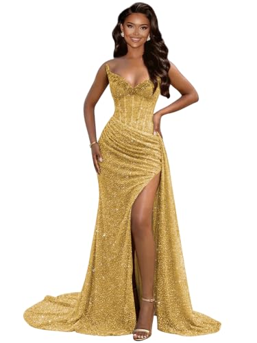YIBKZ Glitter Sequin Prom Dresses Long Mermaid Formal Dress with Slit Pleated Corset Strapless Gold Ball Gowns for Women Size 8