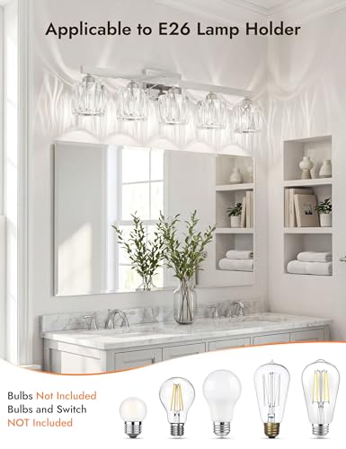 Image of VOLISUN Crystal Vanity Lights for Bathroom, 5 Light Bathroom Vanity Light, Modern Stainless Steel Bathrooms Lights Over Mirror, Chrome Bathrooms Lights Fixtures-UL Certificated(Exclude Bulb)