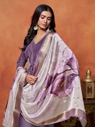 Image of EthnicJunction Women's Cotton Silk Embroidered Anarkali Kurta Palazzo with Digital Print Dupatta Set