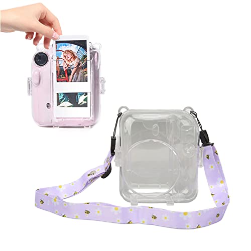 Housse Instax Mini 12 transparente rigide idée cadeau avec autocollant violet et sangle
