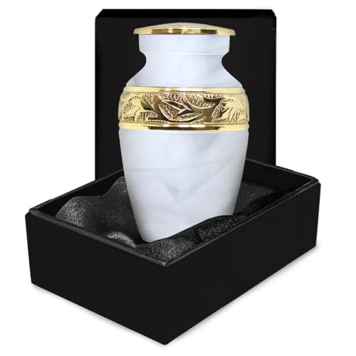 Small Urns for Human Ashes Keepsake – Handcrafted White Memorial Urn with Brass Accent – Mini Keepsake Urn for Men and Women – Remembrance Urn (Small)