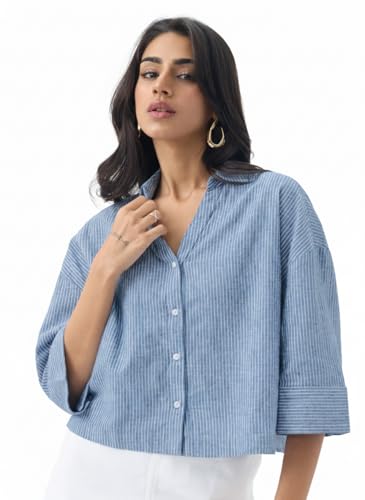 Image of The Souled Store Cotton Linen Shirt: Women and Girls Drop-Shoulder Sleeves Spread Collar Stripes Lightweight Casual Oversized Shirt
