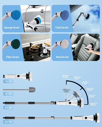 Leebein Brosse Nettoyage Électrique Rotative, Brosse Rotative Nettoyage avec 8 Têtes de Brosse Remplaçables & Brosse à Toilette, Tige Extension Réglable & 6 Angles, pour Salle de Bain/Toilette – Image 5
