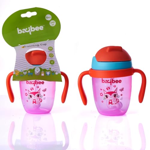 Image of BAYBEE Flippo 240ML Sipper Bottle for Kids, Anti-Spill Sippy Bottle with Soft Silicone Straw BPA Free |Sippy Cup for Baby r | Sipper Bottles for Kids Toddlers 6 Months to 3 Years (Pink)