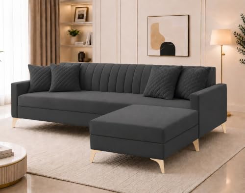 Image of AMATA Falcon ele 4 Seater Fabric Suede Velvet Grey Colour Sofa Set with Four Cushions Perfect for Home Office Guests Living Room (Falcon Grey 01, Falcon 4 Seater l Shape)(3 Year warraty)