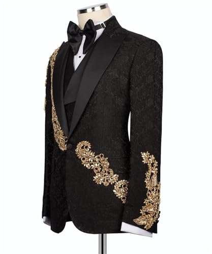 Mens Luxury Jacquard 3 Pieces Suit with Rhinestone Slim Fit Peaked Lapel Blazer Jacket Vest Pants Set for Prom,Party3