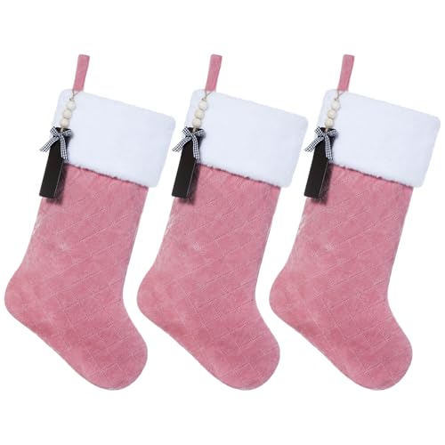 Shgngle Pink Velvet Quilted Personalized Christmas Stocking,19.5 Inch Fireplace Hanging Stockings with Blank Wooden Tags DIY Name,Family Holiday Decorations and Xmas Gift(Pink 3Pcs)