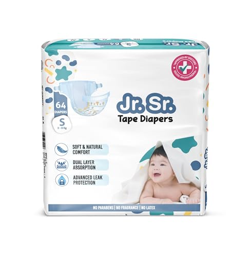 Image of Jr. Sr. Baby Tape Style Diaper | Adjustable Fit For Babies | Small (S) Size (3-8 kg), 64 Count | Pack of 1 | Upto 12 hr Absorption with Advanced Leak Protection | Soft & Comfy