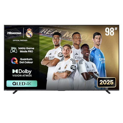 هايسنس تلفزيون ذكي مقاس 98 بوصة بدقة QLED 144Hz E7Q-Quantum Dot Colour، صورة AI، دولبي فيجن، دولبي اتموس، مشاركة التلفزيون، التحكم الصوتي، وضع صانع الأفلام، يوتيوب، نتفليكس، ديزني+ 98E7Q (إصدار