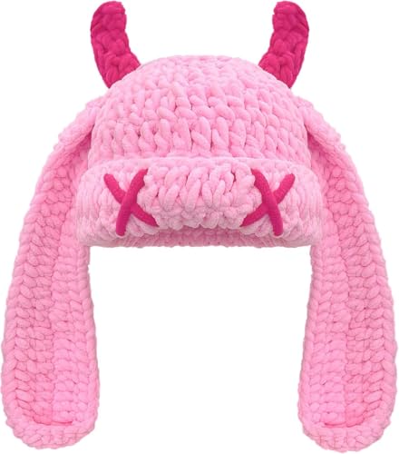 Hshsclth Bunny Chunky Beanie with Devil Horns Chenille Crochet Hat with Long Floppy Ears Cute Goth Rabbit Winter Skull Cap (US Alpha One Size Pink)