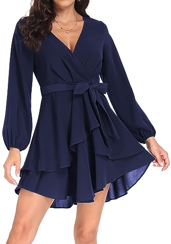 Image of PCEAIIH Women's Cocktail Dresses Long Sleeve Empire Skater Dress Deep V-Neck Waist Tie Ruffle Mini Swing Dresses 2XL Navy