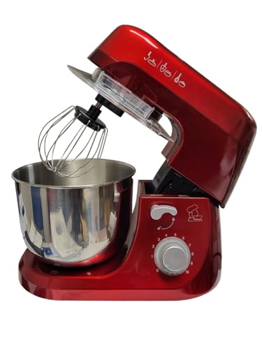 Amasadora planetaria potencia 800 W cuenco de acero inoxidable 4,2 litros batidor de alambre plano gancho diez velocidades rojo brazo inclinable bloqueo seguridad ventosas antideslizante tapa