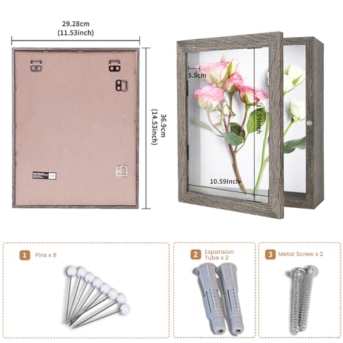 Muzilife 11x14 Shadow Box Picture Frame - 2.16" Interior Deep Wood & Glass Display Case Ready to Hang Memory Box Baby Sports Memorabilia, Pins, Awards, Tickets, and Photos (Texture Gray)