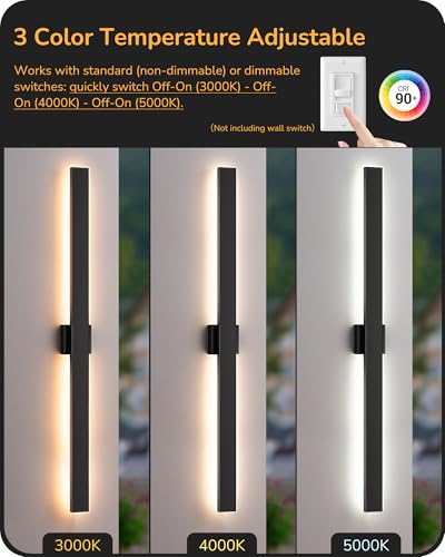 Image of EDISHINE 47.2 inch LED Outdoor Wall Light, Modern Black Linear Wall Sconce | 2 Pack, 3CCT & 10%-100% Dimmable, Back Light, IP65 Waterproof, Memory Function, Long Exterior Lighting Fixtures House, Yard