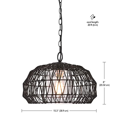 Novogratz X Globe 44759 1-Light Outdoor Plug-In Pendant Light, Black Woven Fabric Shade, Matte Black, Designer Black Fabric Hanging Cord, E26 Base Socket, Kitchen Island, Café, Ceiling Hanging Light #TOP7
