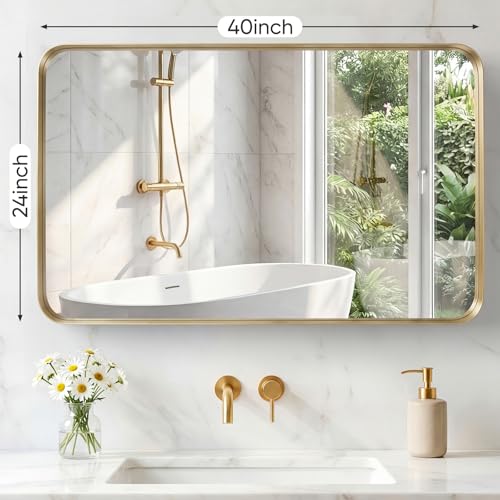 Image of Sweetcrispy Bathroom Mirror 40x24 Inch Metal Framed Rounded Rectangle Vanity Mirror for Wall, Over Sink, Farmhouse, Restroom, Anti-Rust, Modern Decorative, Horizontal or Vertical Hanging, Gold