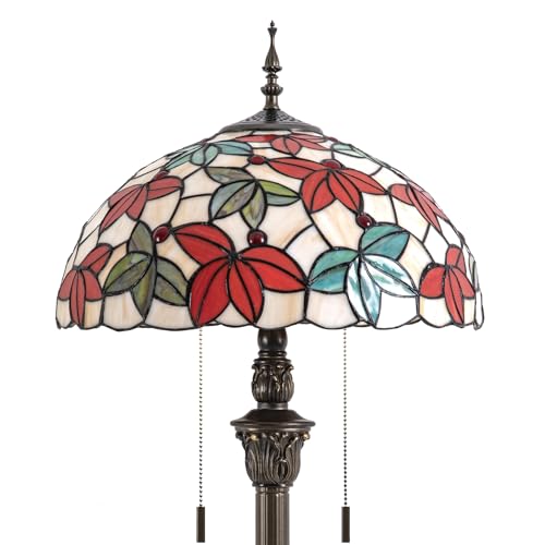 Image of Tiffany Floor Lamp, 16 inch Stained Glass Maple Leaf Shade with Antique Bronze Base, 2-Light E26 Pull Chain Standing Reading Light for Living Room Bedroom16x16x64 Inches (White Maple Leaf)