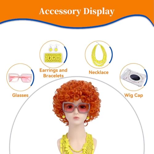 Image of Women Roper Curly Orange Red Cosplay Wig with Necklace Earrings and Sunglasses for Women Hallween Costume Wig
