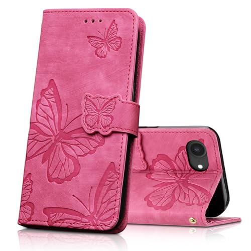 CXTCASE Funda para iPhone 17e / 16e, Funda Tapa Libro Movil Carcasa PU Cuero para iPhone 16e, Rosa Roja
