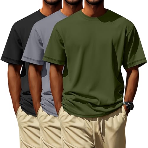 Neer 3 Pack Big and Tall Shirts for Men L-7xl, Short Sleeve Men Crewneck Tops Loose Casual Large T-Shirts Summer Basic Tee(Black, Light Gray, Army Green,3X-Large)