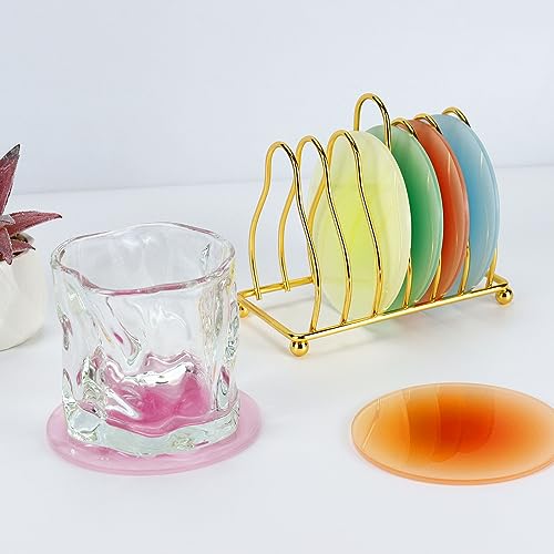 Image of Acrylic Coaster, 6 Pcs Drink Coasters Colorful Acrylic Coaster Set | Cute Coasters Round Heat Resistant Holder Anti Slip Table Coasters with Metal Holder Stand for Table Bar Desk Home Decor