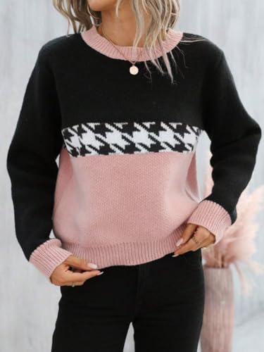 Image of chouyatou Women's Vintage Color Block Long Sleeve Pullover Sweater Houndstooth Printed Crewneck Jumper Tops