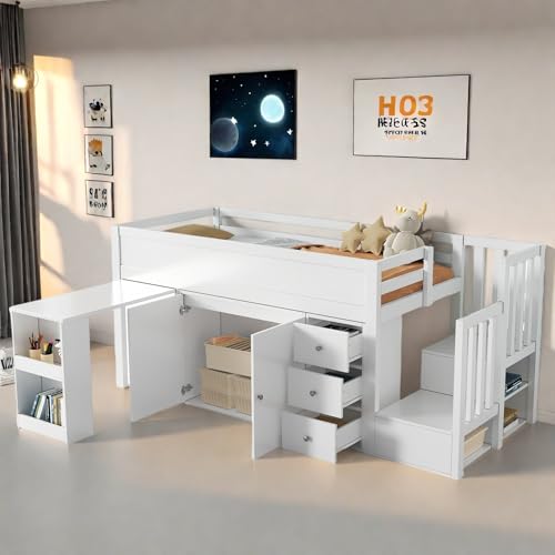 Sapgaks Lit cabane Enfants 90x200 avec Bureau Coulissant,lit superposé Enfant 90x200 avec Placard,lit Mezzanine 1 Place Enfant avec tiroir et Compartiment de...