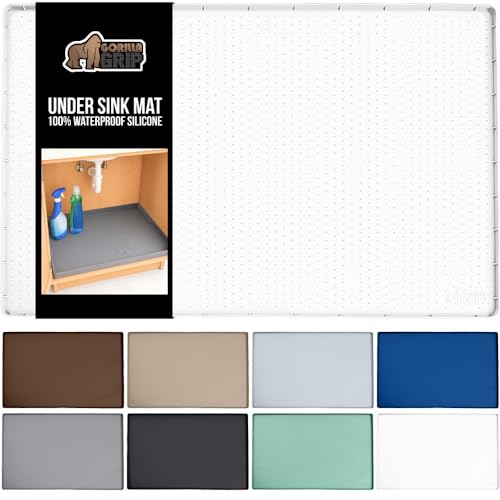GORILLA GRIP Waterproof Silicone Under Sink Mat with Raised Lip for Kitchen and Bathroom, Cabinet Shelf Liner Stay in Place Mats Dishwasher Safe Drawer Liner, Organizer Tray, 15 x 22 in, White