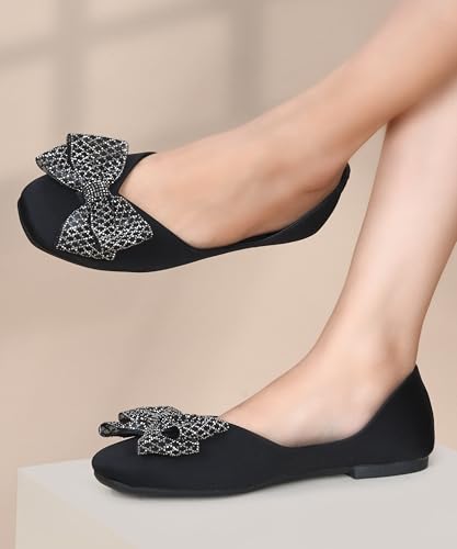 Image of JM LOOKS Sparkling Occasion Ballet Flats with Oversized Glitter Bow and Sleek Low Profile Design Silhouette