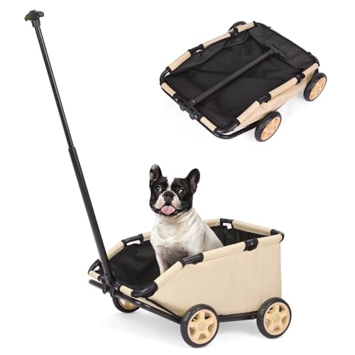 Mini-Hundewagen für Mini-Haustiere, faltbarer multifunktionaler Einkaufswagen mit ausziehbarem Ziehgriff, Doggie Wagon eingebautem Kissen und Sicherheitsseil mit Aufbewahrungstasche (Khaki)