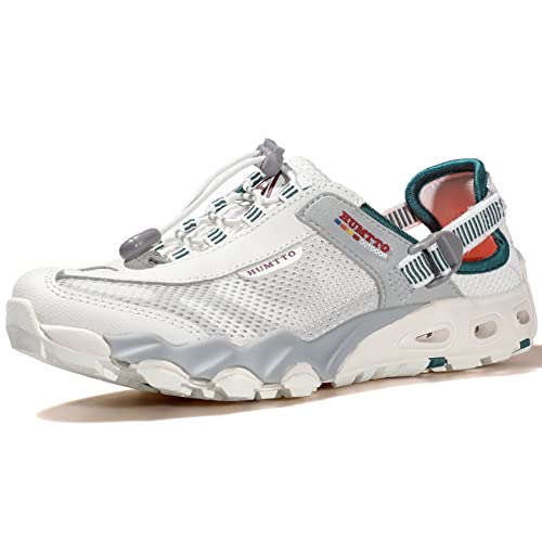 Humtto Womens Mens Water Shoes - Amphibious Hiking Sandal Closed Toe Athletic Outdoor Sandal Adjustable Aqua Shoes For Beach Vacation Camping Summer Sandals 8.5 White/Grey #TOP2
