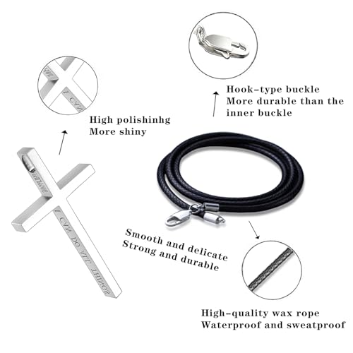 Leather Cross Necklace for Men, Large Cross Pendant with Bible Verse, 24''26''28'' Black Leather Rope, 316 Stainless Steel Cross2