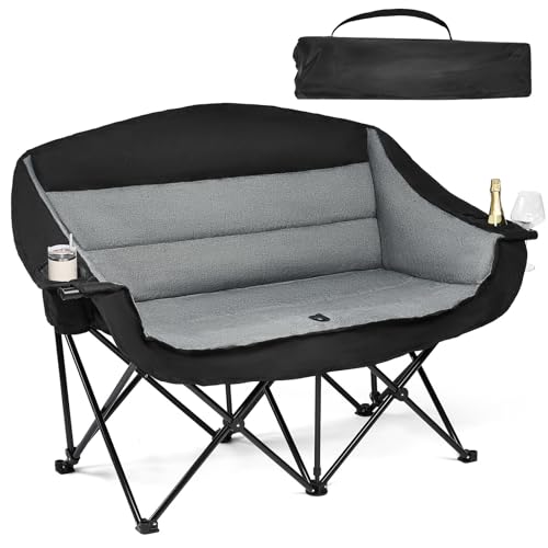 Double Camping Chair Loveseat - 2 Person Oversized Camping Couch for Adults Padded Heavy Duty Outdoor Lawn Beach Portable Folding XL Chairs with Cup Holders and Carry Bag Support 600lbs, Black/Grey